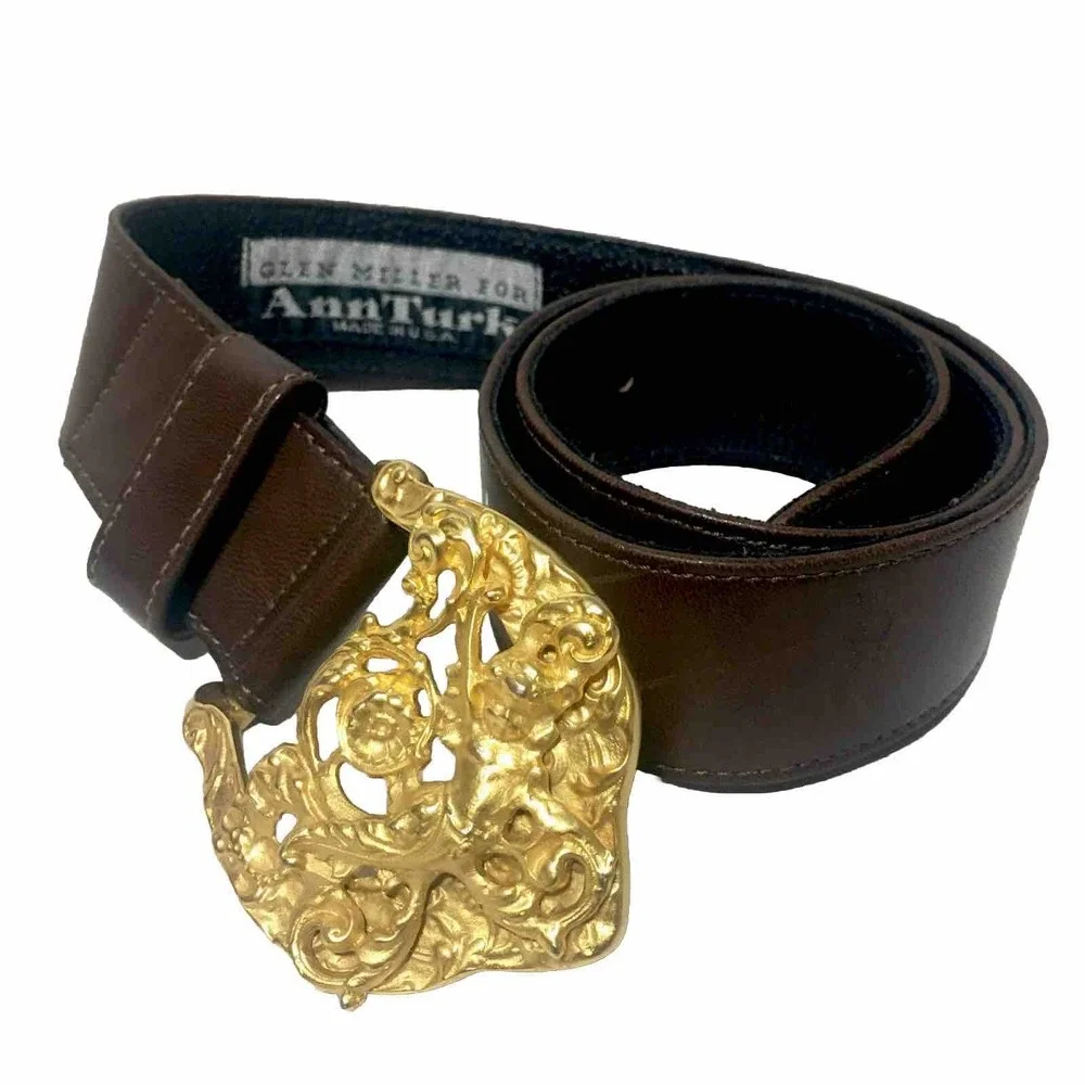 80's Leather Belt with Gold Cherub Buckle by Glen Miller For Ann Turk (Sm) Rare